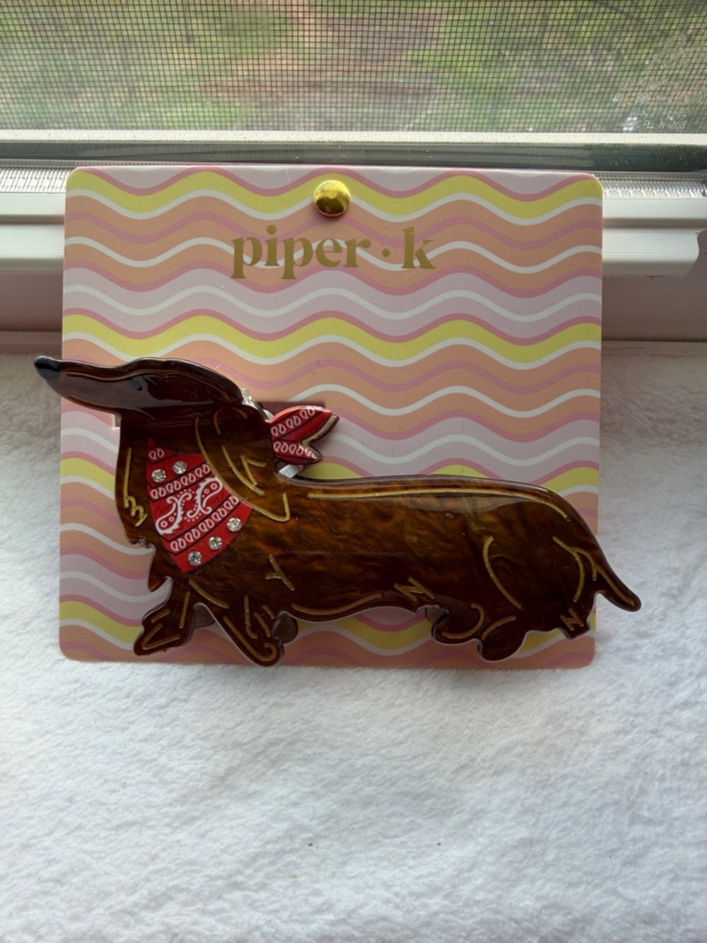 Piper Brown Dachshund Enamel Hair Clip with Red Bandana - Picture 2 of 7
